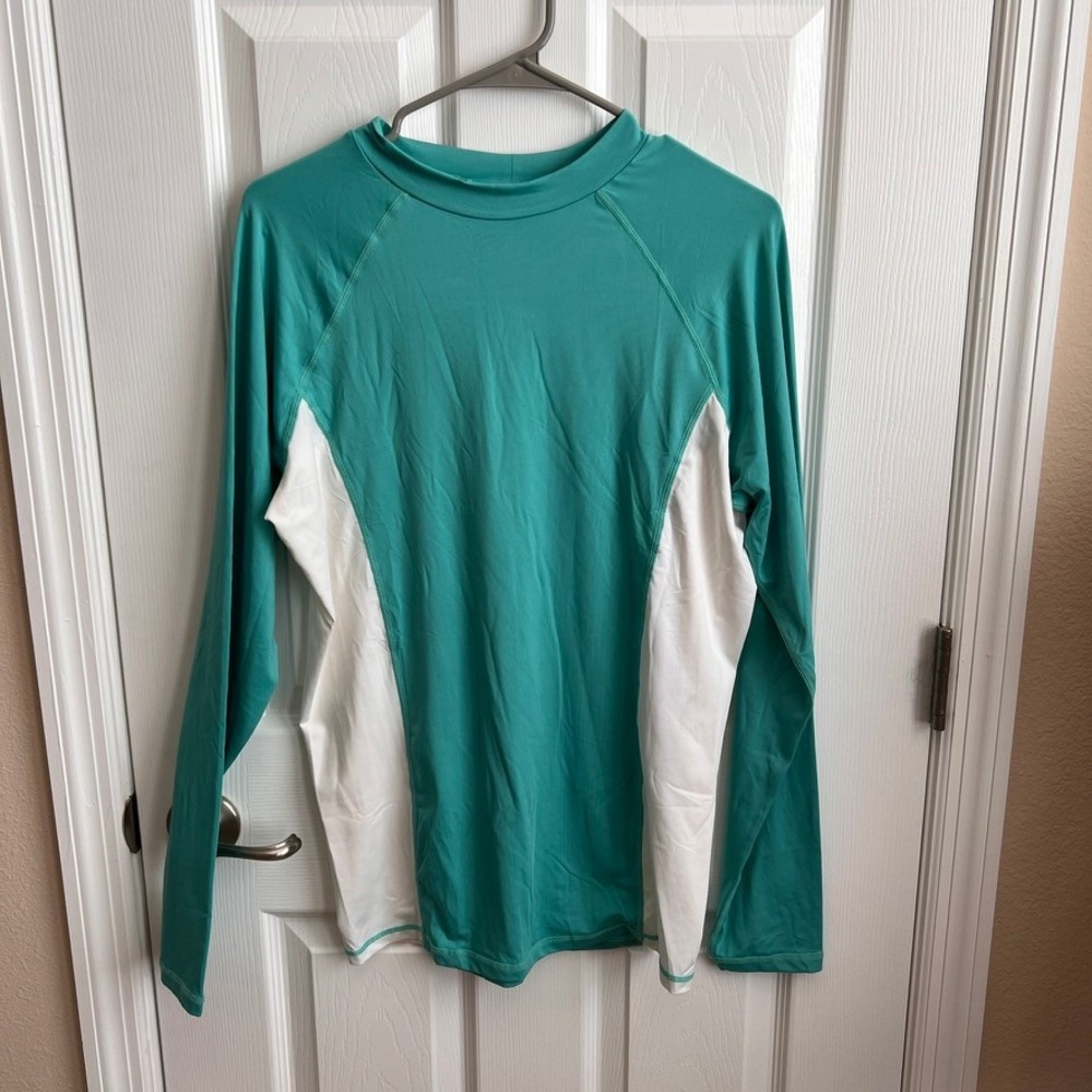 Bluewater Beach Rash Guard Long Sleeve Swim Shirt Colorblock Teal White‎ L